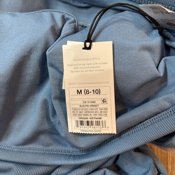 NWT Woman’s Shirred Ribbed Bandeau Cheeky One-Piece Swimsuit Blue Medium - Picture 8 of 15